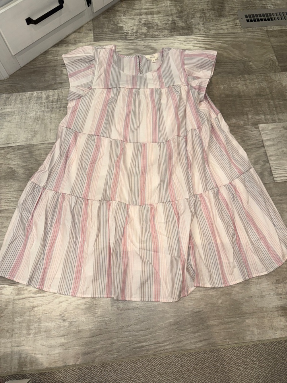 Striped Pink & Gray Tiered Midi Dress by Blu Pepper